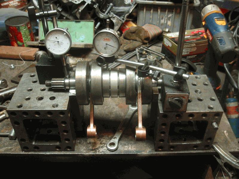 Crankshaft in homemade vblocks measured by dial indicators